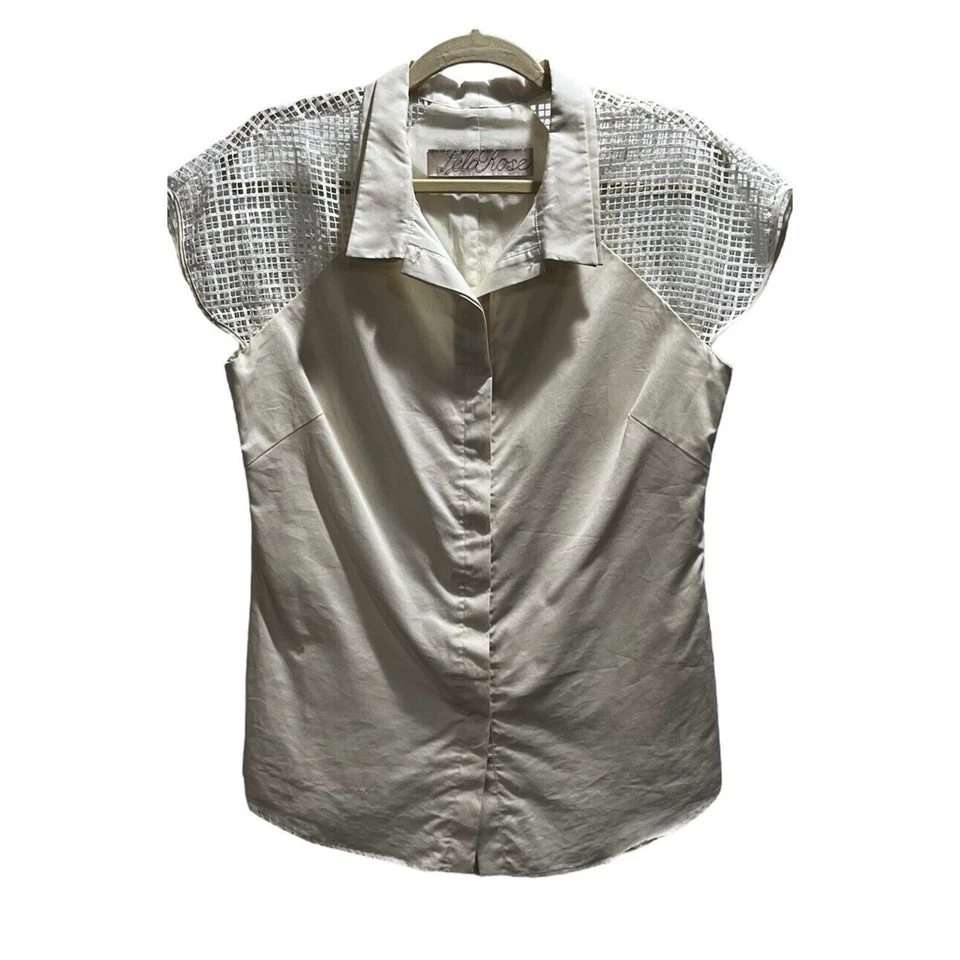 Blusa Lela Rose Off White gola dupla malha de seda ombros botão para cima tamanho 8 - Imagem 3 de 4