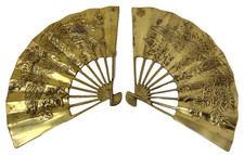 Vintage Brass Asian Oriental Hand Fan Phoenix Dragon Wall Hanging Decor Set 2