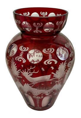 Bohemian Egermann cut to clear ruby red glass vase. Stag, Forest, Castle