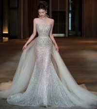 Sexy Mermaid Wedding Dresses Ship Neck Sleeveless Beaded Lace Bridal Gowns Train