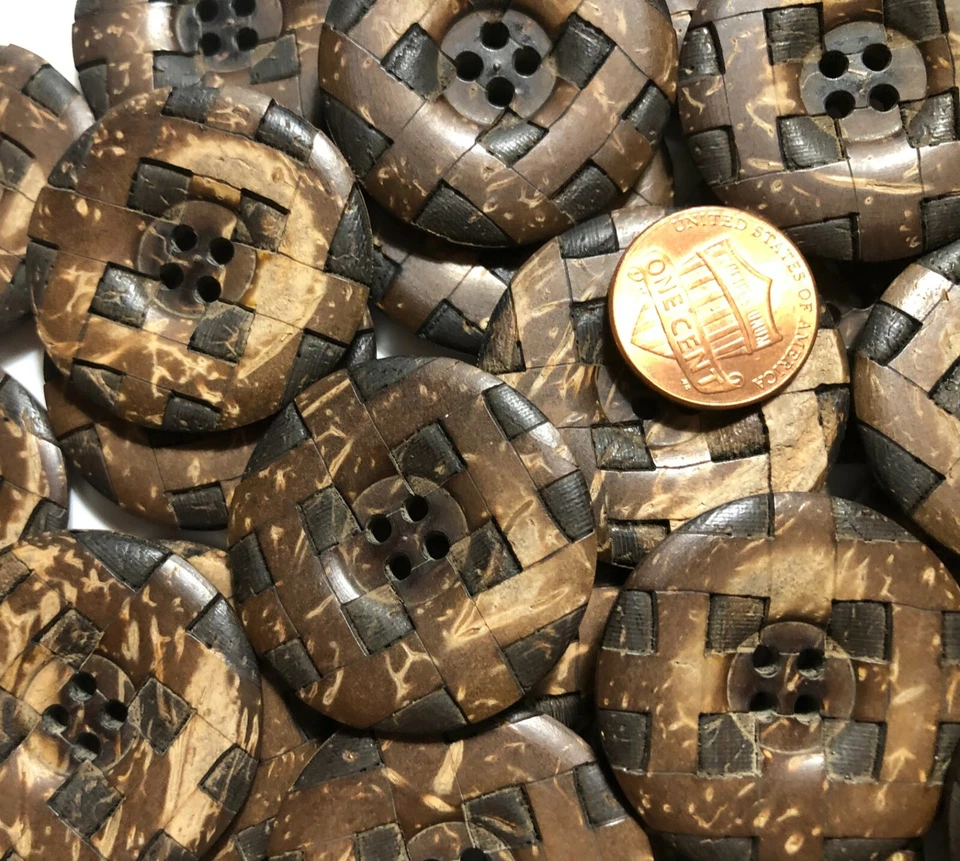Set of 2 Vintage Big Brown Coconut Inlaid Woven Buttons 34mm Almost 1 3/8" 11672 - Image 3 of 4