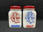 Vintage Nautical Salt and Pepper Shakers White Milk Glass Red Blue Sailboat