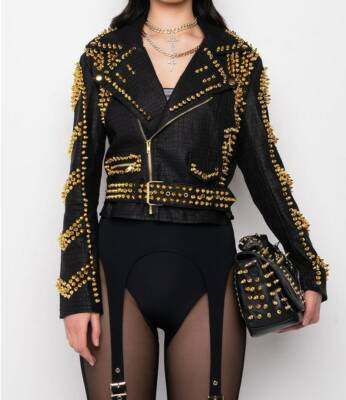 Handmade women black crocodile texture leather jacket with golden