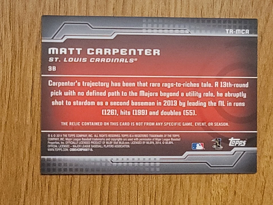 2014 Topps Trajectory Relics #TRMCA Matt Carpenter Patch St. Louis Cardinals cnb - Image 3 of 4