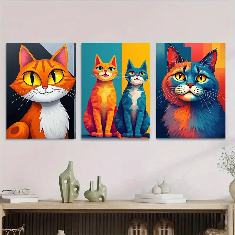 3pcs Colorful Cat Vibrant Animal Paintings Wall Art Canvas Unframed/Framed