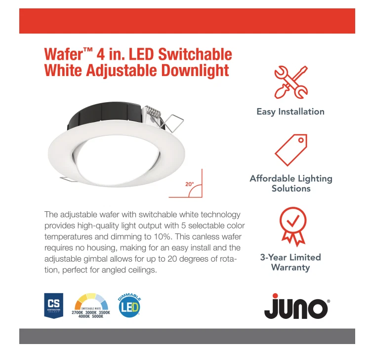 Juno Lighting 4" Wafer Switchable CCT LED Canless Recessed Trim - Image 3 of 4