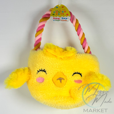 New Easter Chick Basket Plush Dog Toy with Rope Handle 3 Toys Inside