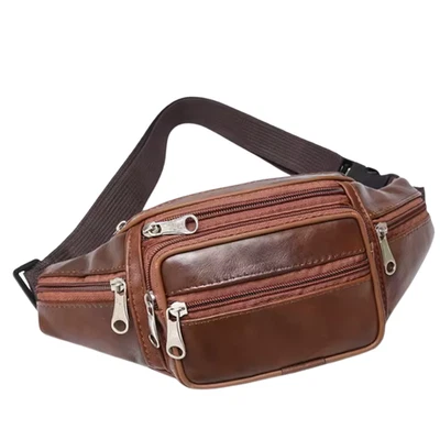 Sac Banane Homme Femme Cuir PU – Voyage Sport Randonnée Moto Ceinture Marron - Photo 1/4