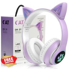 Kids Bluetooth Headphones Cat Ear LED Light Up Purple Noise Cancelling