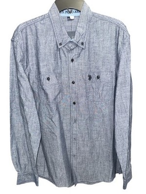 US Polo Assn Large Shirt Denim Blue Color Woven Button Pockets Logo Long Sleeves