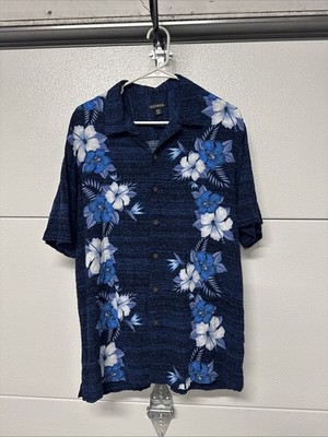George Aloha Shirt L 42-44 Hawaiian Blue Hibiscus Floral Button Up Short Sleeve
