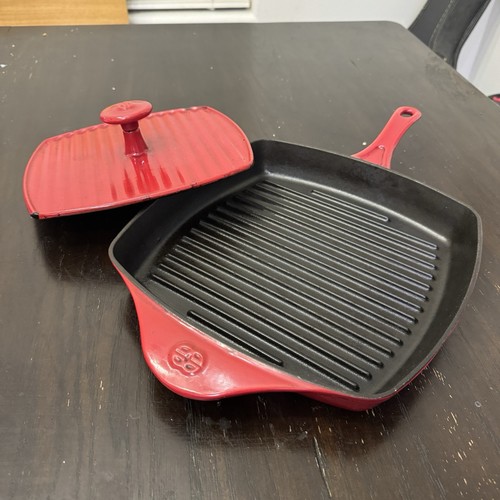 CALPHALON Square Grill Fry Pan Skillet w/ Press Lid 11” RED Enameled Cast Iron - Picture 3 of 9