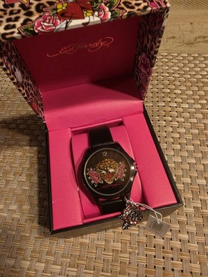 Ed Hardy Tiger Roar Watch in black, featuring a signature rhinestone tiger dial