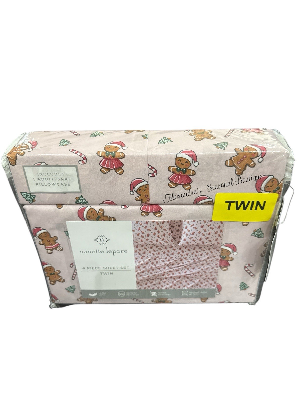 Nanette Lepore Shabby Chic Christmas 4 PC Twin Sheet Set Gingerbread Candy Cane