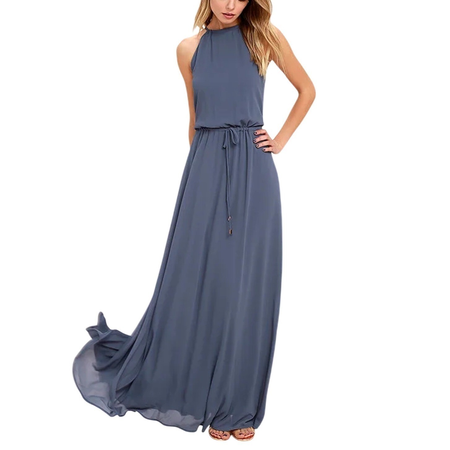NWT Lulus Be Mellow Denim Blue Halter Maxi Dress S Sleeveless Boho Flowy Wedding