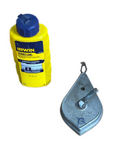 Vintage IRWIN STRAIT-LINE Metal Chalk Line Reel + IRWIN Blue Chalk 8oz USA Used