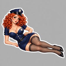 Pinup Girl Sticker Vinyl Decal Redhead Police Costume Navy Dress Stockings
