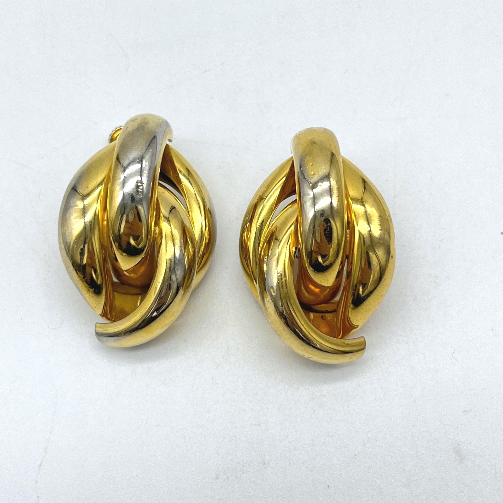 Chunky Two Tone Interlocking Clip On Earrings Gol… - image 1