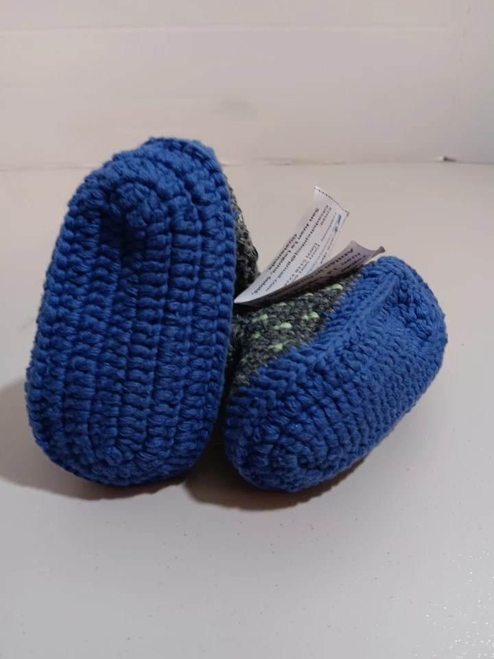 Zapatos de ganchillo hechos a mano recién nacido 0/3 meses botines azul/gris verde claro detalles Foto 4 de 4