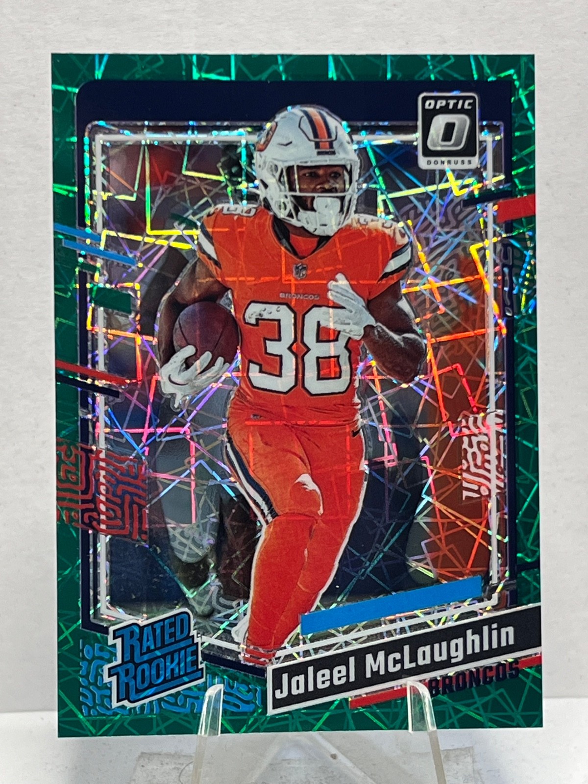 Jaleel McLaughlin 2023 Donruss Optic #232 Rated Rookie Green Velocity Broncos