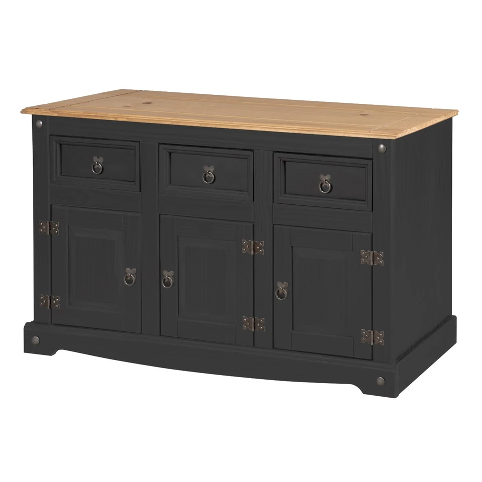 Corona Sideboard Charcoal Black 3 Door 3 Drawer Solid Pine Wood - Image 3 of 4