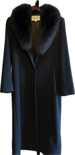 Vintage Black Wool Bill Blass Overcoat with Genuine Fox Fur collar, size 8 - product listing photo