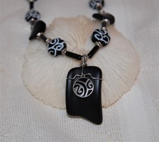 Wire Wrapped Black Faux Sea Glass Necklace 16" Handmade Beaded Jewelry
