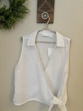 NWT Cynthia Rowley Womens Size XL White Linen Faux Wrap Blouse Sleeveless