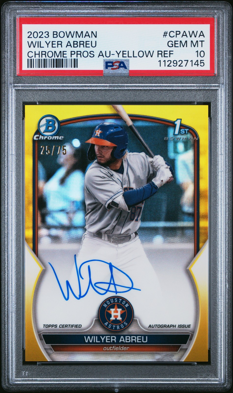 2023 Bowman - Chrome Prospect Autographs Wilyer Abreu #CPA-WA Yellow Refractor /75 (AU, RC)