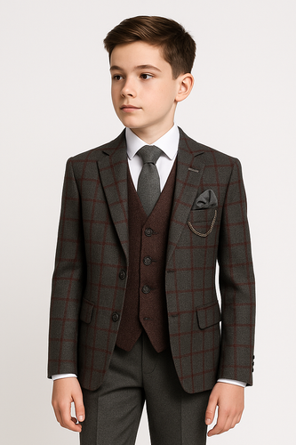 Boys Wedding Prom Tailored Windowpane Check Casual Formal Grey Navy Black Suits - Picture 2 of 24