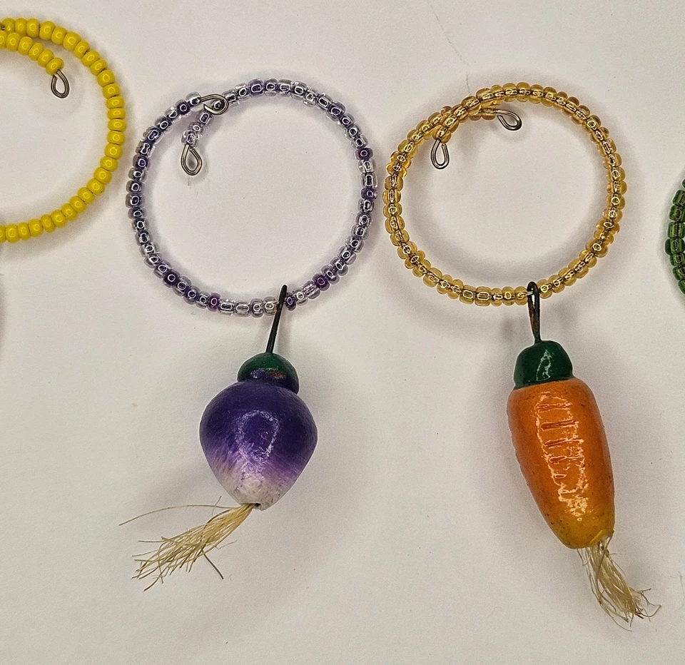 Vintage Vegetable Wine Glass Charms Set of 6 Resin Beaded Rings Farmhouse Decor - Image 2 of 4