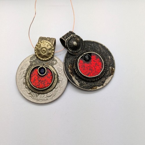 Pair Vintage Kuchi Tribal Coins Red Crescents (18138)