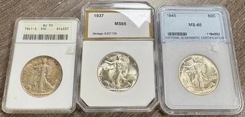 1937, 1941-S, & 1945 Walking Liberty Half Dollars 50C, Slabbed AU-MS, 3 Coins