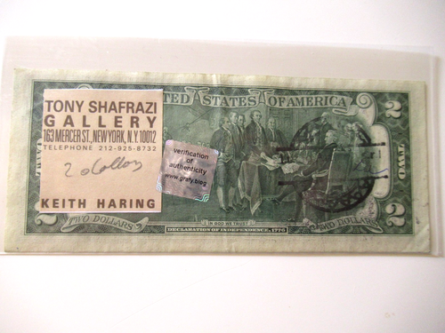 K. HARING: 2 Dollar ORIGINAL SIGNIERT, SKIZZIERT, DATIERT, BEARBEITET, von 1986 - Bild 5 von 8