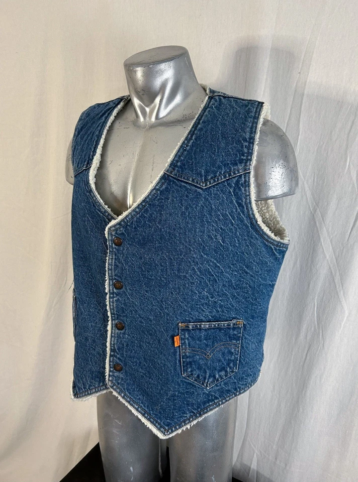 Vintage 70s 80s Orange Tab Sherpa Lined Denim Vest XL Levi’s RARE Big E Style - Image 4 of 4