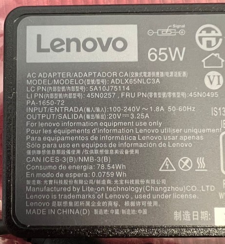 Lenovo AC Adapter ADLX65NLC3A 45N0257 65W FREE POST Ref00167 - 第 3/4 張圖片