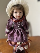 Vintage Porcelain Doll For Sale Purple Dress Brunette Brown Straight Hair Toy