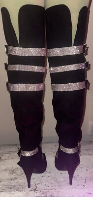 Girls Night Out * Sexy, Thigh High Bling And Black Stiletto Boots Size 9