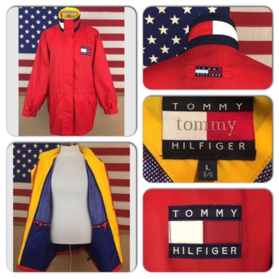 VINTAGE TOMMY HILFIGER MENS L SPELL OUT FLAG COLLAR FULL ZIP WINDBREAKER JACKET~