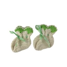 Vintage Crocheted Baby Booties White Green Trim Ribbon