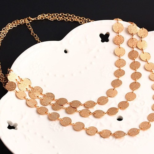 Statement Multi-Layer Gold Choker Necklace Round Charm - Sequins Gold Coin - Picture 3 of 10