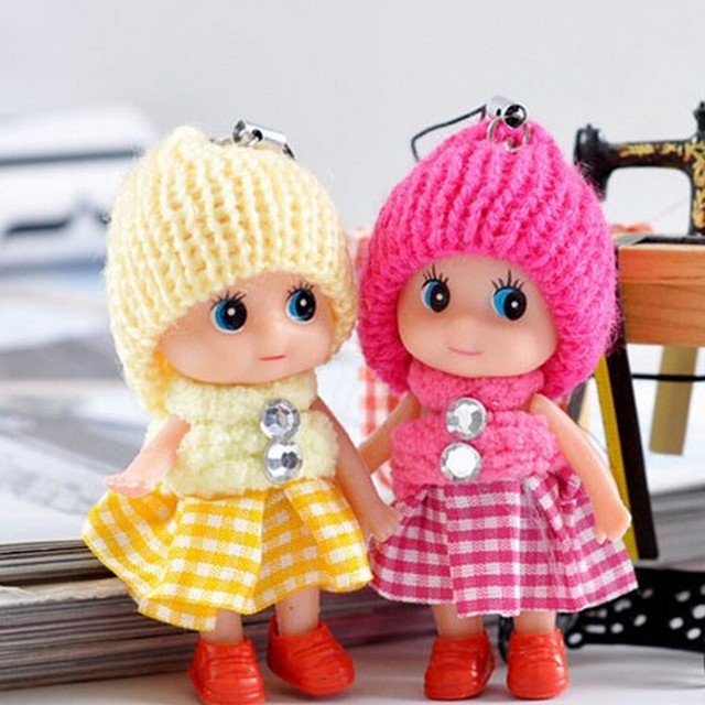 2pcs Baby Dolls Expression Interactive Mini Doll Cell Phone Keychain 