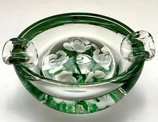 Vtg St. Clair Art Glass Green Ashtray Paperweight w/Flowers & Controlled Bubbles