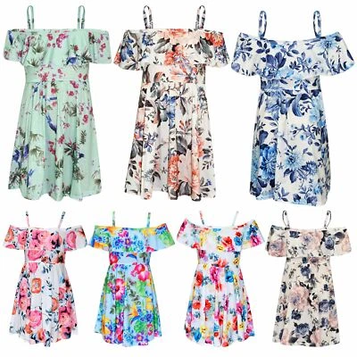 Girls Skater Dress Kids Floral Print Summer Party Off Shoulder Dresses 7-13 Yr