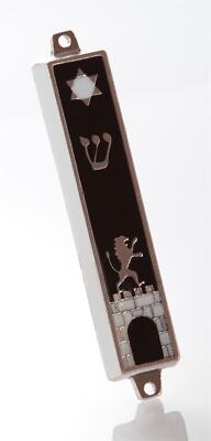 Silberfarbenes Mezuzah Mezuza schwarzes Gehäuse 7cm Judaica jüdischer Löwe Wandstern Kotel