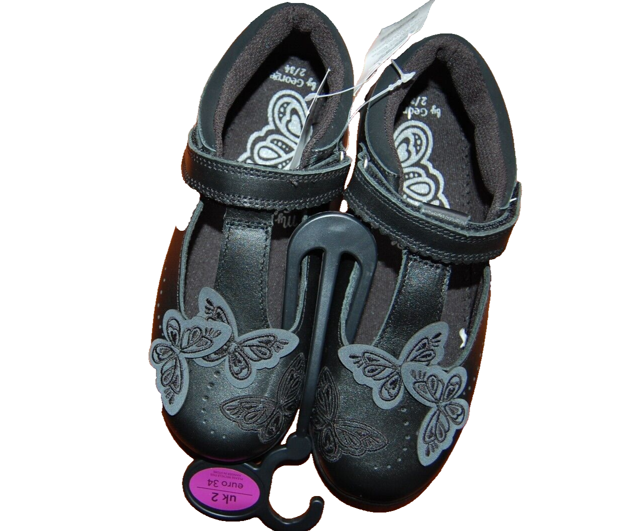 GEORGE Black Leather T Bar Shoes Riptape UK 2 (Older Girl) EUR 34 BNWT