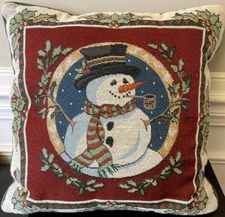 Needlepoint Tapestry 16" Square Snowman Throw Pillow ~ Christmas Winter Holiday
