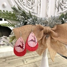 Christmas Faux Leather Teardrop Dangle Earrings Red Buffalo Plaid Reindeer