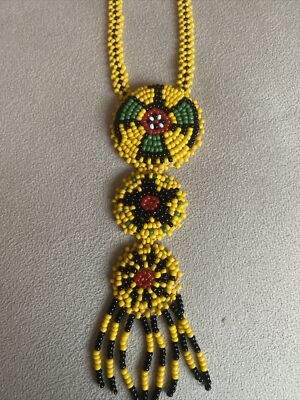 VTG Native American Indian Medallion Seed Bead Necklace - Main Image