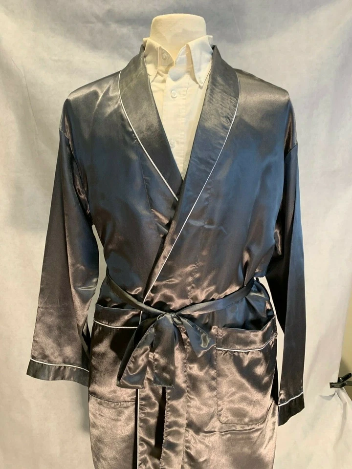 Bata de satén de seda para hombre - Bata gris blanca tubería entrega en 5 días - Vendedor de EE. UU. Foto 2 de 4